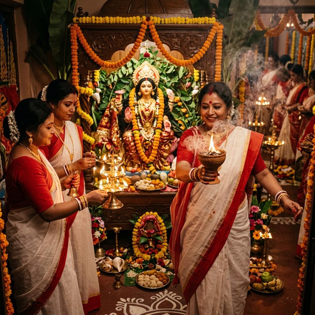 Traditional Bengali women performing Arati in front of Goddess Laxmi.