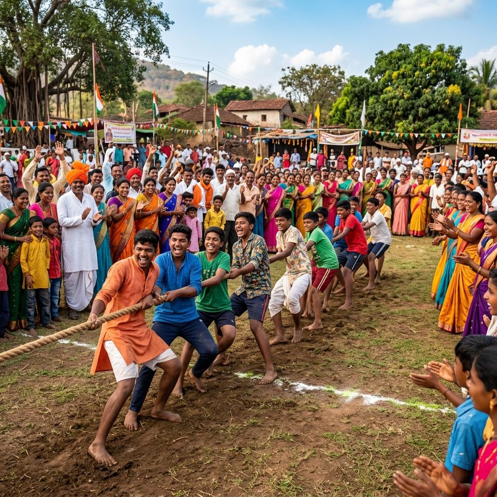 Young men and children participating in a festive tug-of-war on sports day.